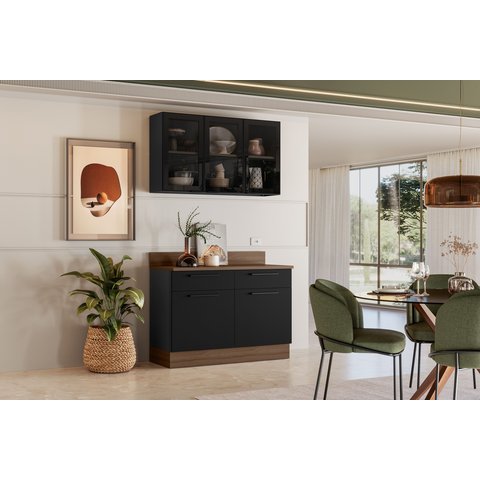 Conjunto Cozinha em Aço Exclusive Itatiaia com Balcão e Aereo 3 Portas com Vidro:grafite/preto