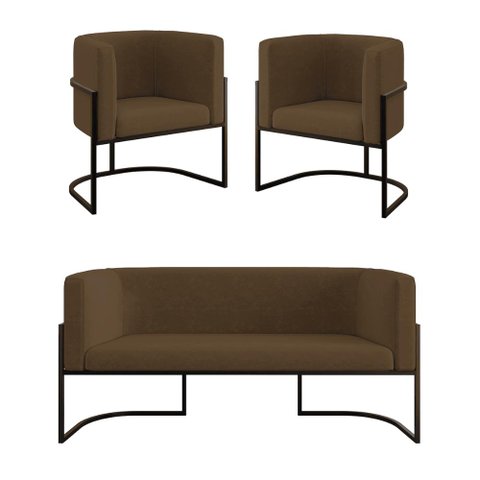 Kit 2 Poltronas + Sofá 2 Lugares Base de Metal Black Balaqui Cor:marrom