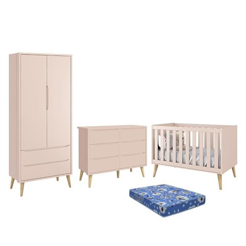 Dormitório Theo 2 Portas, Cômoda 6 Gavetas, Berço Rosa Fosco com Pés Madeira Natural e Colchão - Rel