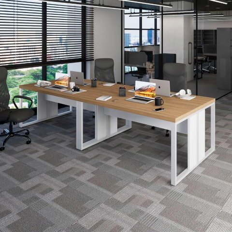 Plataforma de Trabalho 4 Pessoas 3,00m X 1,20m Pés Metal F5 Cor:macadâmia com Branco