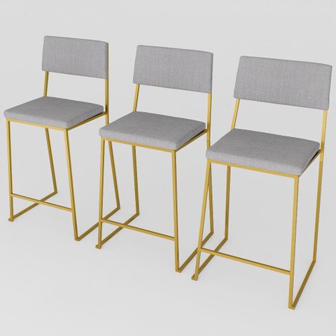Kit 3 Banquetas Alta Balcão Estofada com Encosto Dourada Linho Dubai