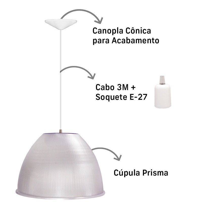 3 Luminárias Prismática para Galpão Pavilhão Industrial 16 Pol 40cm Cabo 3m Cor:branco - 3