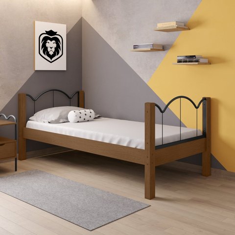 Cama de Solteiro em MDF 100x202cm Oasis 88 Marrom/Preto/Nature