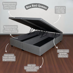 Cama Box com Baú Queen 158x198x42 Cm com Pistão a Gás Courino Linho - 4