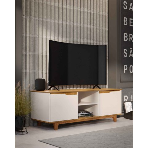 Rack Bancada Flow para Tv 146 Cm 2 Portas com Pés de Madeira Offwhite com Freijó - Rede Móveis