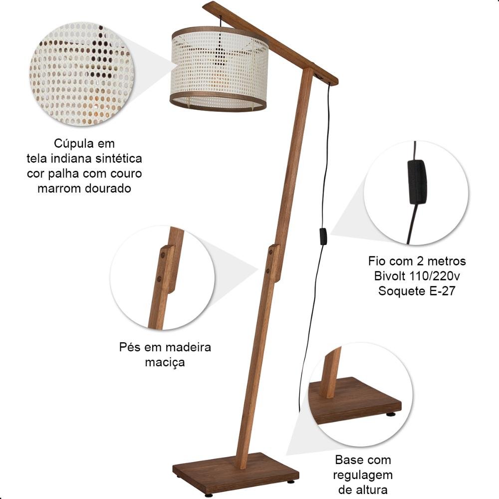 Luminária de Chão Aurora com Pés de Madeira e Tela Indiana Marrom 160cm - 6