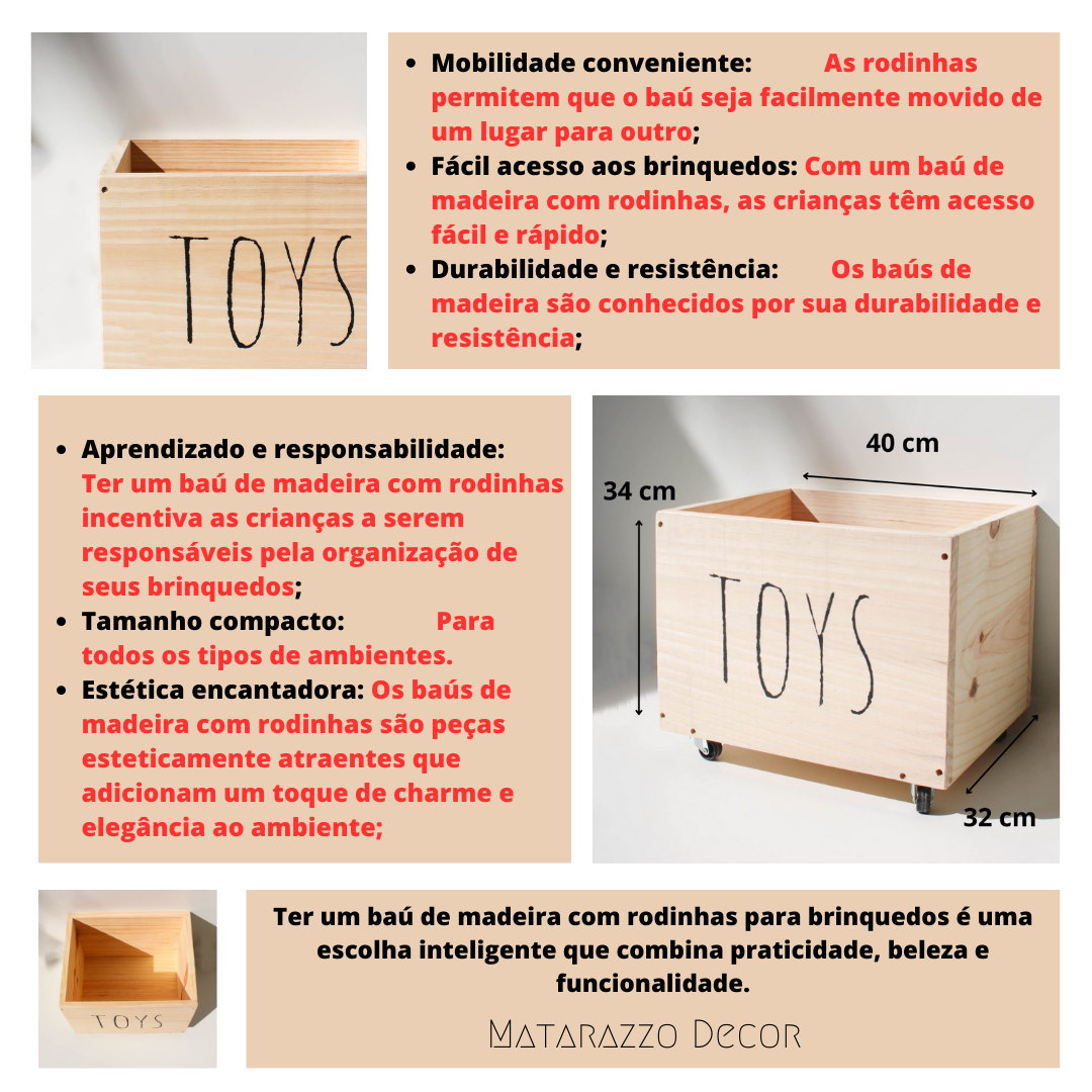 Bau Madeira Little Toys para Brinquedos c/ Rodinhas - 6