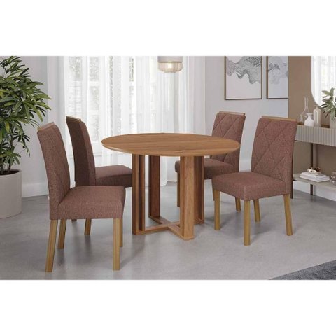 Sala de Jantar Completa Flora Tampo Madeirado 109cm e 4 Cadeiras Fernanda Cinamomo - Carvalho/suede
