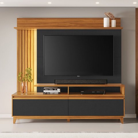 Estante Home Theater Ripado para TV até 60 Polegadas com 183cmx185,5cm Pés em Madeira Maciça 2 Portas Basculantes Detalhe e Fita Led Marrom Freijó/Preto