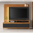 Ver imagem 1 de Estante Home Theater Ripado para TV até 60 Polegadas com 183cmx185,5cm Pés em Madeira Maciça 2 Portas Basculantes Detalhe e Fita Led Marrom Freijó/Preto