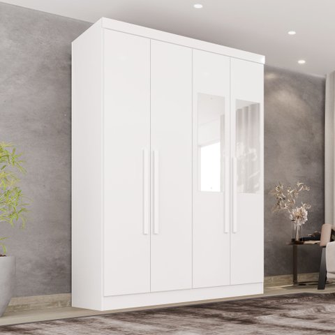 Guarda-Roupa Solteiro com Espelho 4 Portas 2 Gavetas França Branco