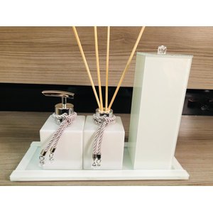 Kit Lavabo Pia Jogo Saboneteira Branco Prata Porta Escova