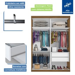 Guarda Roupa Solteiro Premium Mia 138cm com Espelho 2 Portas 2 Gavetas Minastex        - 4