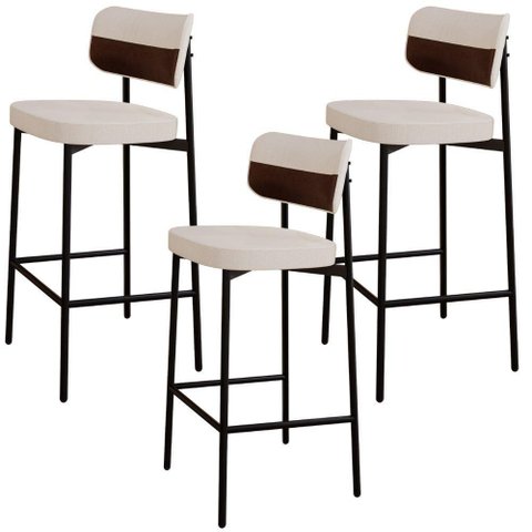Kit 03 Banquetas Alta Bar Cozinha Sala de Jantar Aço Preto Kaira C01 Linho Palha Courino Whisky -