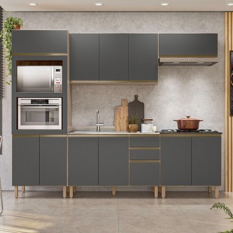Cozinha Completa Modulada Torre Quente 5 Peças 100% MDF Angela Cinza/Carvalho Tok/Chumbo