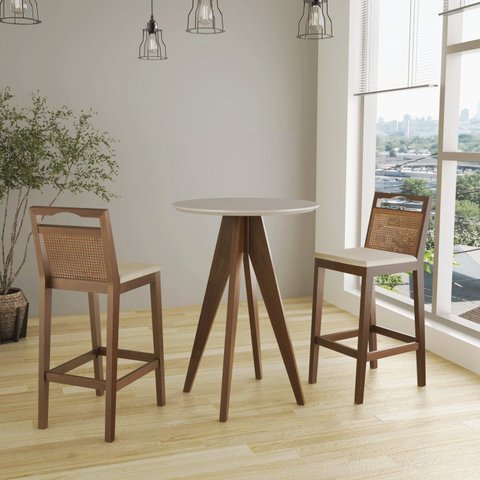 Conjunto Bistrô 1 Mesa 2 Banquetas Rattan Bege/Pinhão