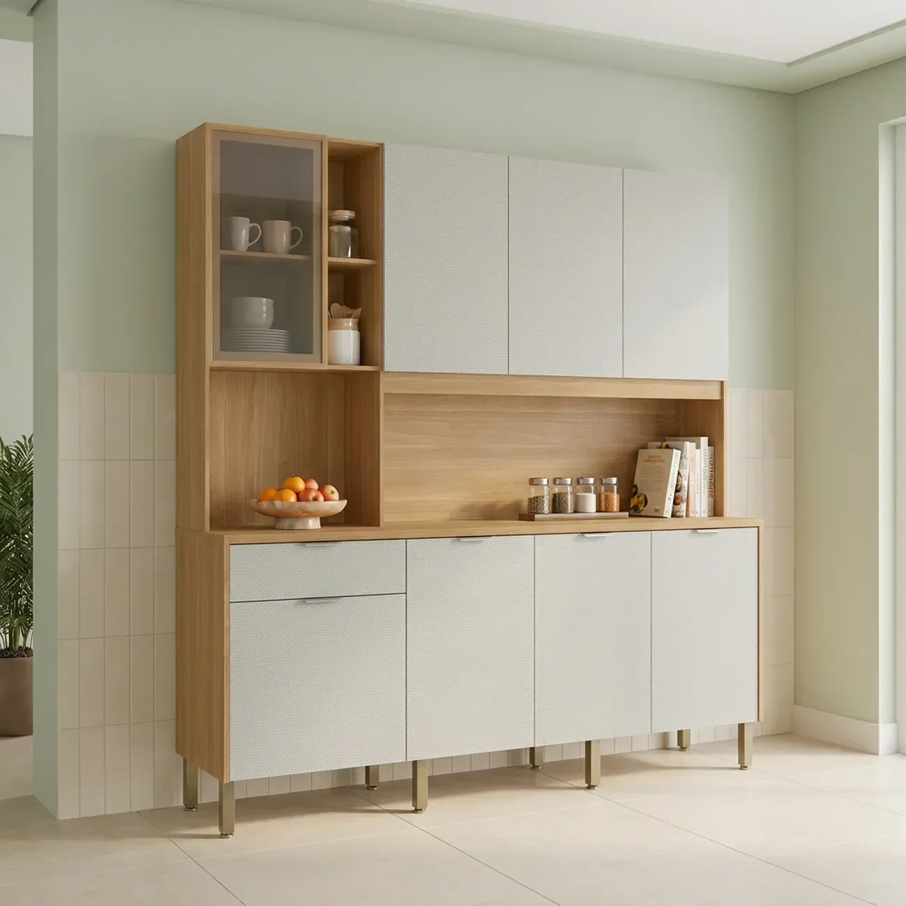 Cozinha Compacta 8 Portas 1 Gaveta 194,2 cm Nature Bege Freijó/Soft Bege