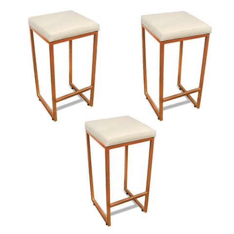 Banqueta Alta para Cozinha Industrial Kit 3 Nick Bronze e Sintético d03 - D'Rossi Cor Branco