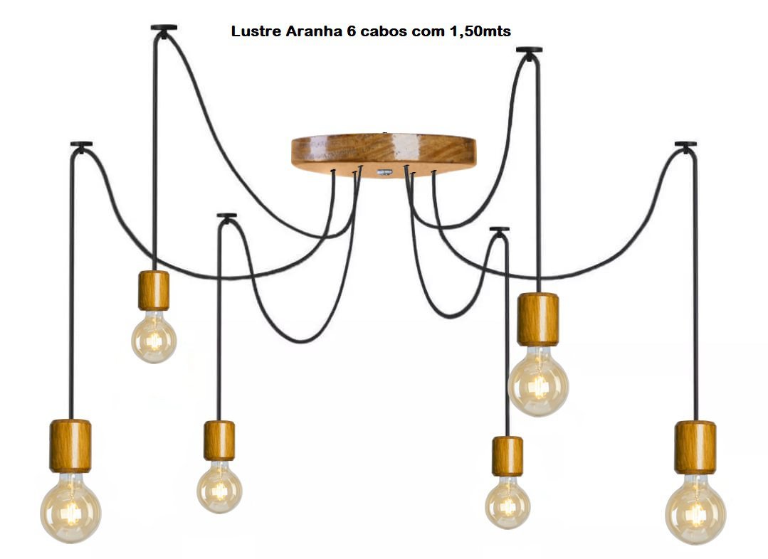 Luminária Lustre Pendente Aranha 6 Cabos Em Madeira - 2