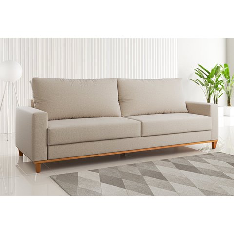 Sofá Fixo Living 3 Lugares Linho MDP Bege Ares 220cm