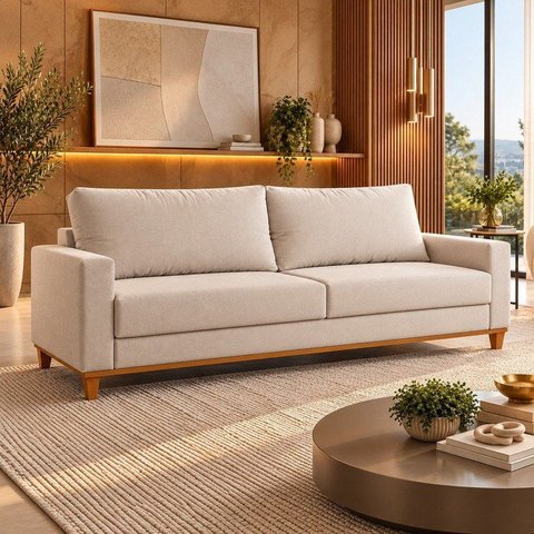 Sofá Fixo Living 3 Lugares Linho MDP Bege Ares 220cm