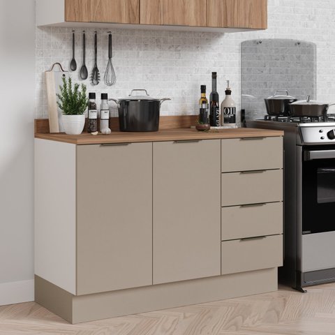 Balcão Pia 120cm com Tampo com Rodapé Puxador 150cm Ipanema CabeCasa MadeiraOriginals Branco/Fendi Trama