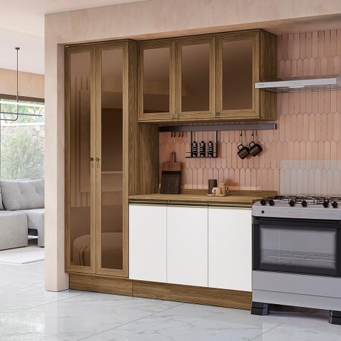 Armário de Cozinha Compacta com Vidro Reflecta 100% Mdf 192cm Nogueira/branco Celeste Kappesberg