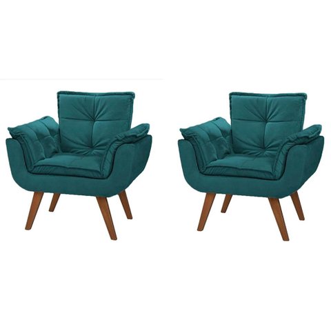 Kit 2 Poltrona Decorativa Canoa Retrô Suede Azul Tiffany para Sala de Estar Luxo Escritório Quarto