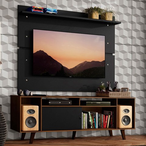 Rack Madesa Cancun com Pés e Painel para TV até 65 Polegadas Rustic/Preto 7KD8 Cor:Rustic/Preto