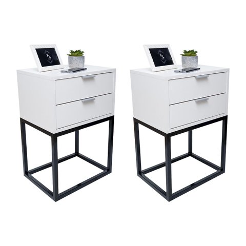 Kit 2 Mesas Cabeceira Industrial 40cm Branco 2 Gavetas Base Metal Preto Lateral Cama