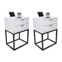 Ver imagem 1 de Kit 2 Mesas Cabeceira Industrial 40cm Branco 2 Gavetas Base Metal Preto Lateral Cama