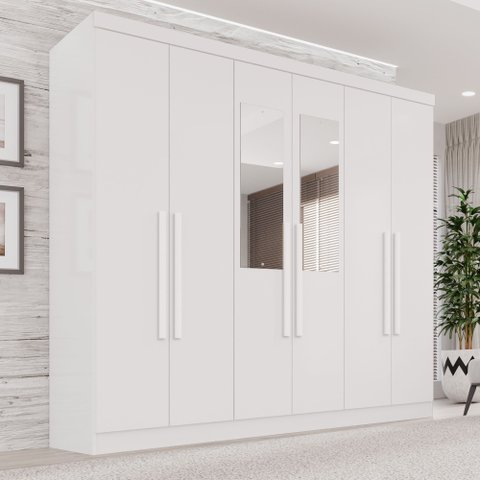 Guarda-Roupa Casal com Espelho 6 Portas 2 Gavetas França Branco