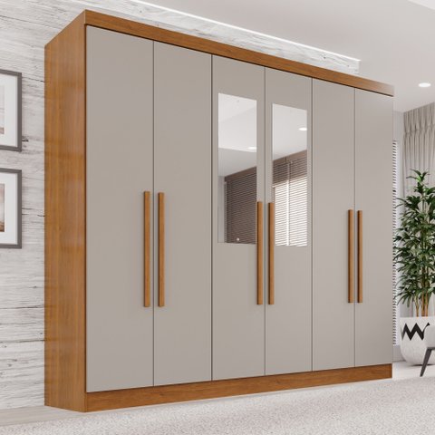 Guarda-Roupa Casal com Espelho 6 Portas 2 Gavetas França Off White/Cinamomo