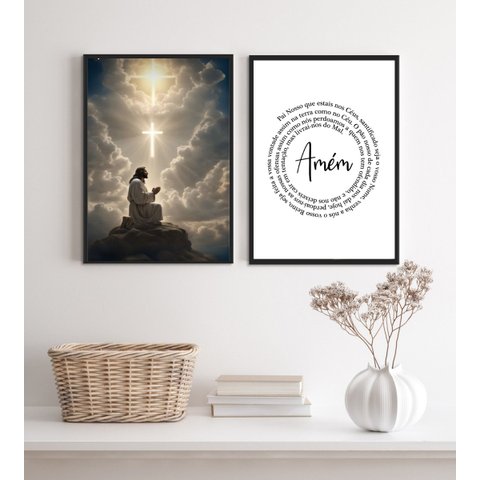Kit 2 Quadros Jesus Orando- Pai Nosso 33x24cm - com Vidro:madeira Preta