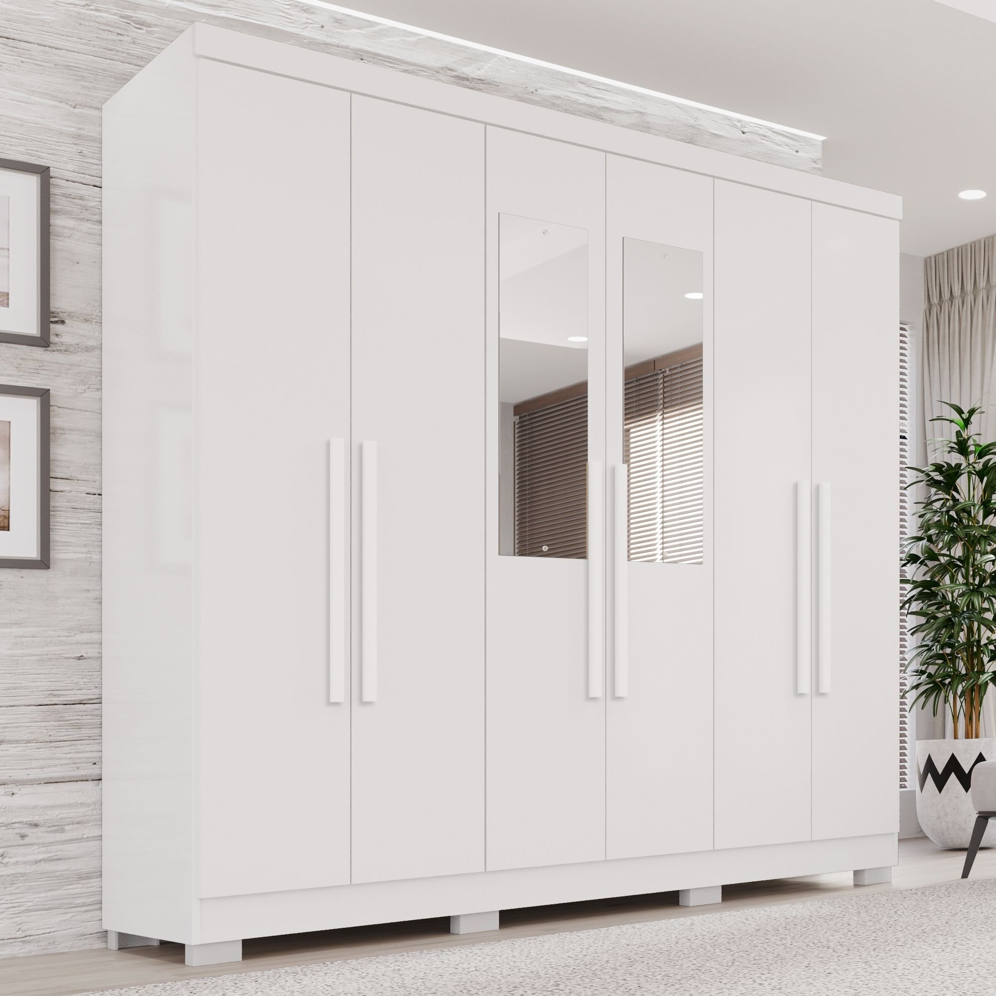 Guarda-Roupa Casal com Espelho 6 Portas 2 Gavetas França Branco