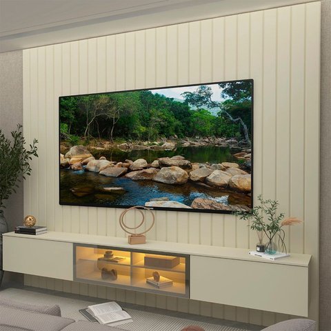 Estante e Home Theater Ripado para TV até 84 Polegadas com 100% MDF 230cmx250cm Led Majestade Luminare Bege White/Off