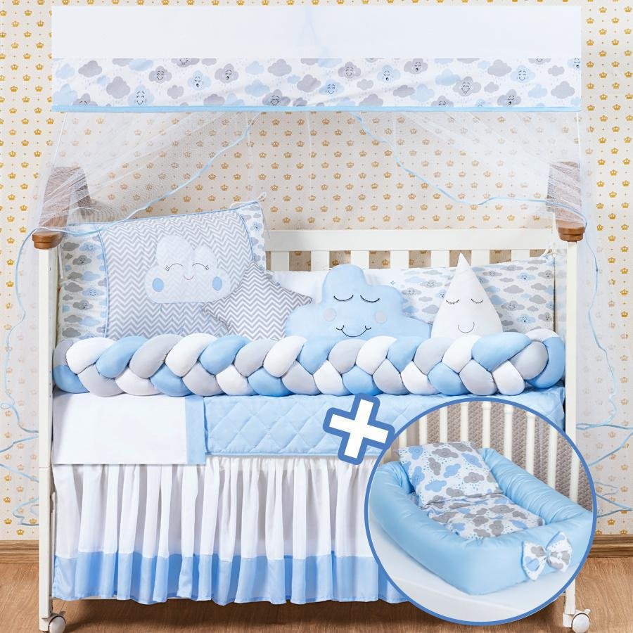Kit Berço com Caminha de Bebê Nuvem Azul Conforto 16 Peças | MadeiraMadeira
