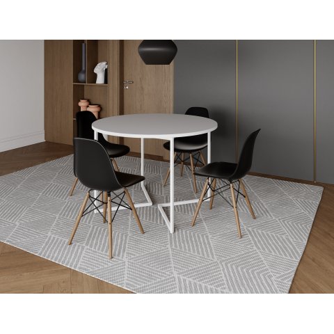 Mesa Industrial Base Ferro Branco em V Tampo 110cm Branco 4 Cadeiras Eames Madeira Assento Preto