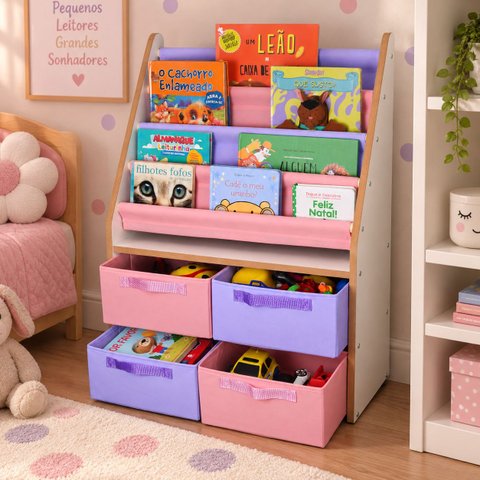 Prateleira Porta Livro Infantil 4 Caixas Estilo Biblioteca