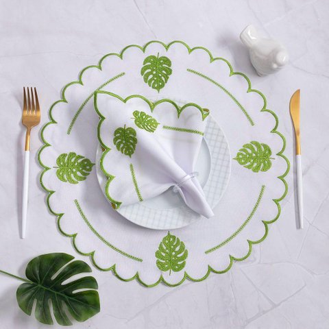 Jogo de Guardanapos Sousplat Americano 12 Peças Bordado Decorativo - Branco Verde Costela Adão