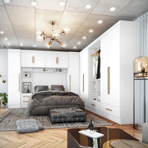 Quarto Modulado Casal Completo 100% MDF 6 Peças 6 Portas 5 Gavetas com Maleiro Smart Plus Yescasa Branco