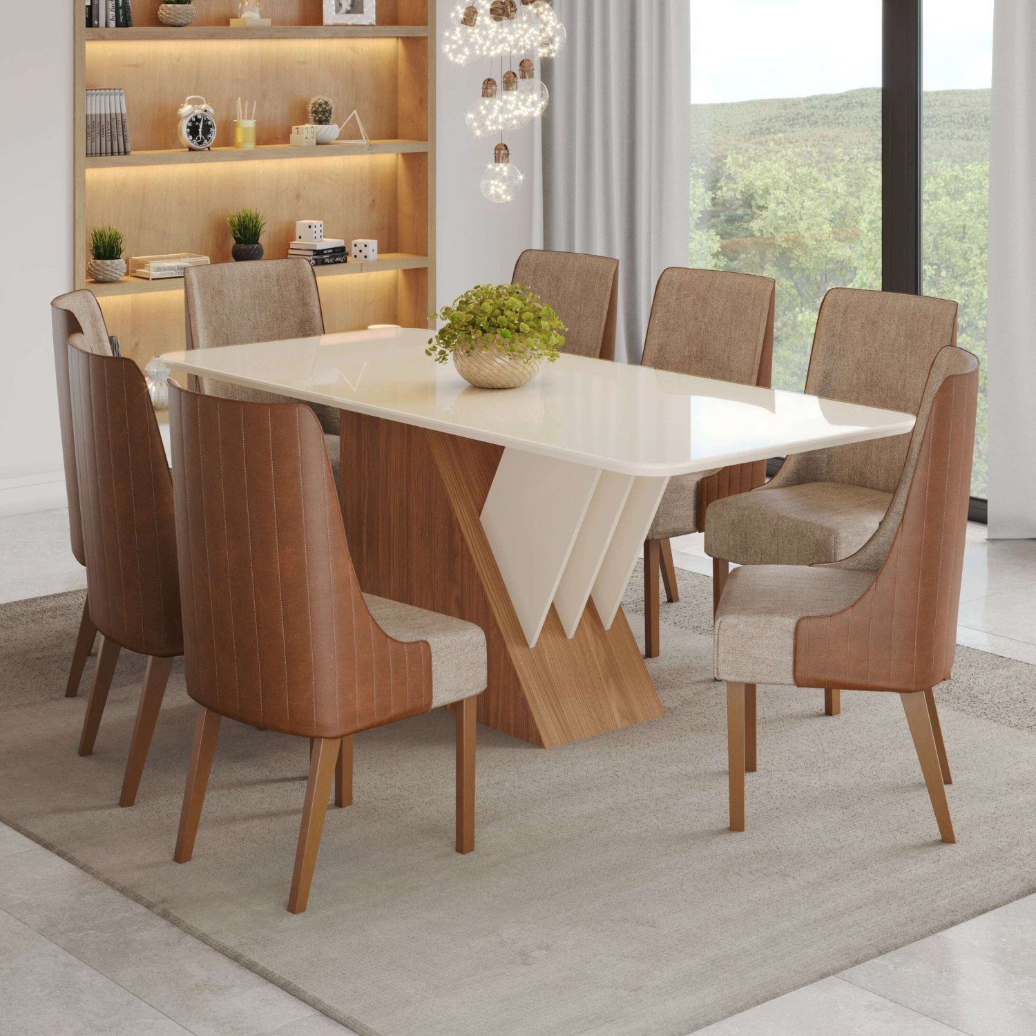 Conjunto Sala de Jantar Mesa Tampo Mdf e Vidro 8 Cadeiras Marieli Espresso Móveis