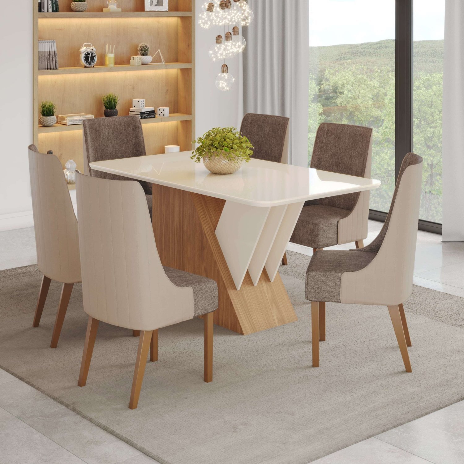 Conjunto Sala de Jantar Mesa Tampo Mdf e Vidro 6 Cadeiras Marieli Espresso Móveis - 1