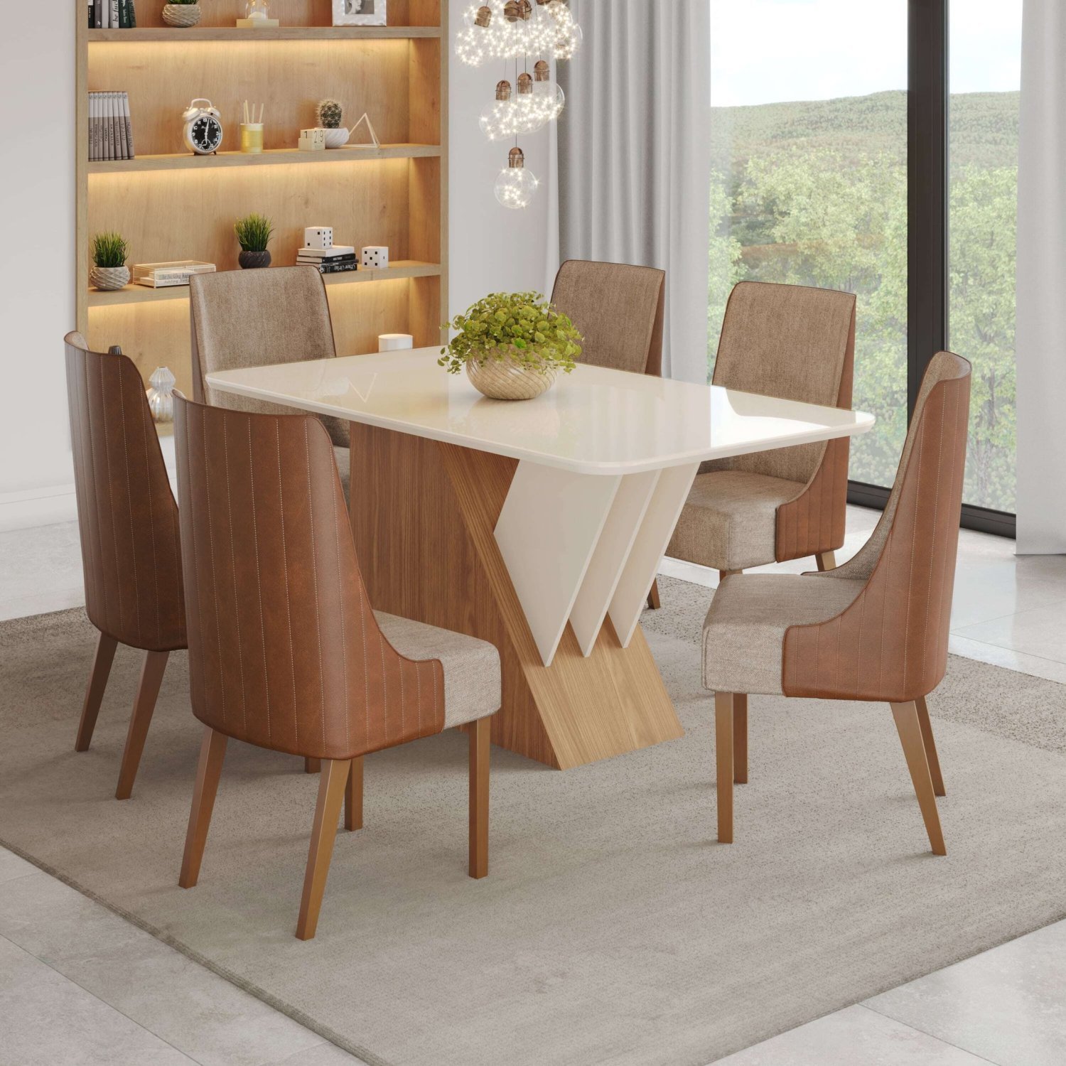 Conjunto Sala de Jantar Mesa Tampo Mdf e Vidro 6 Cadeiras Marieli Espresso Móveis