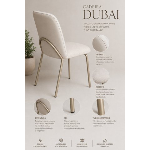 Kit 4 Cadeiras de Jantar Dubai Dara Estrutura Champagne Estofada Tecido Duplo