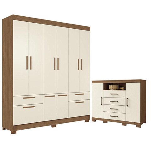 Guarda Roupa Casal 8 Portas Curitiba e Cômoda Havana Master com Pés Jatobá Areia Acetinado - Santos 