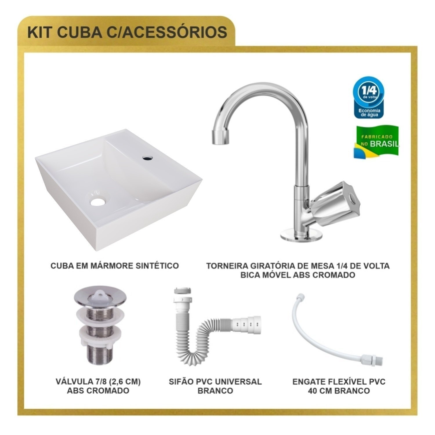 Kit Cuba Aq33 Volcano com Torneira C50 e Válvula Abs com Sifão e Flexível - 10