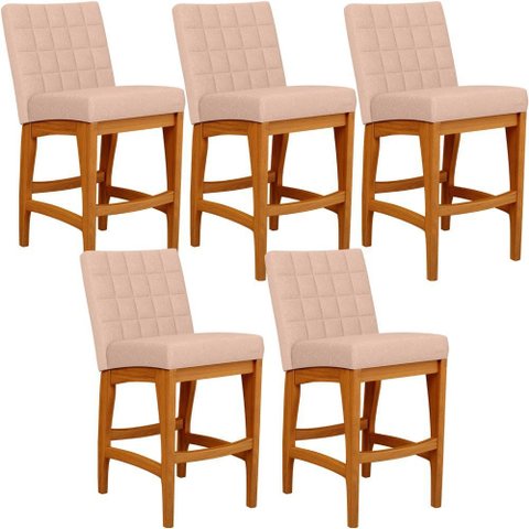 Kit 05 Banquetas Baixa para Cozinha Bancada Bar Sala Jantar Fixa Mila L02 Linho Rosê - Lyam Decor