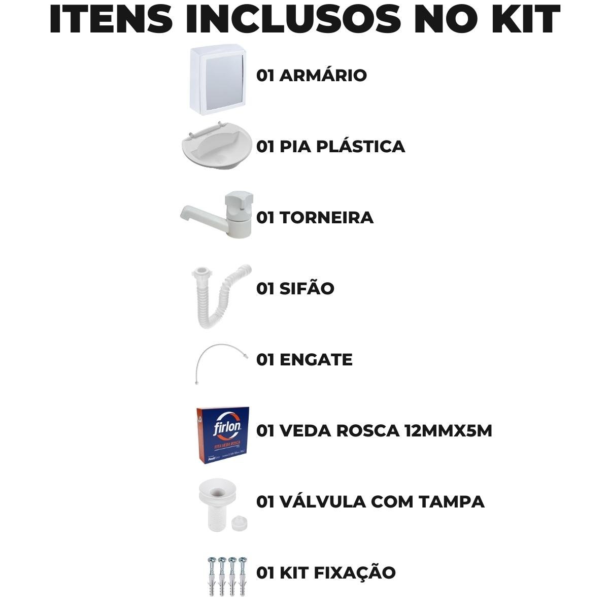 Armário Espelheira + Pia Lavatório 4l + Torneira Branca + Sifão Universal Sanfonado + Engate Flexíve - 2