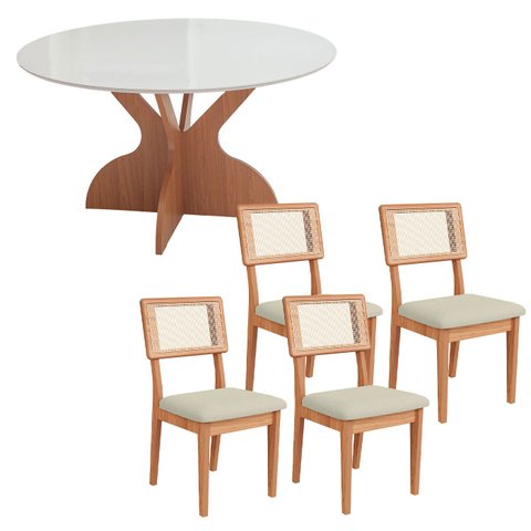 Conjunto Mesa de Jantar Redonda 1,35m com 4 Cadeiras em Mdf